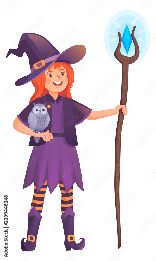 Obraz premium Magic crystal staff in witch hand. Cartoon character