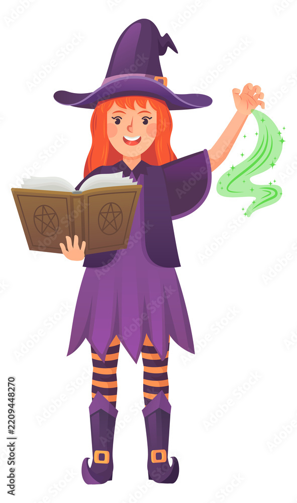 Obraz premium Magic spell book in witch hands. Witchcraft character