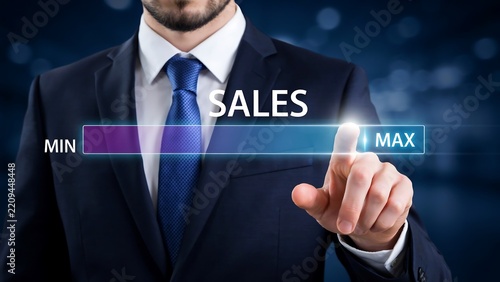 Businessman Touching Digital Sales Performance Bar from Minimum to Maximum