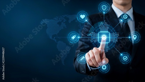 Businessman Using Artificial Intelligence Technology with Digital Chip and Global Business Network
