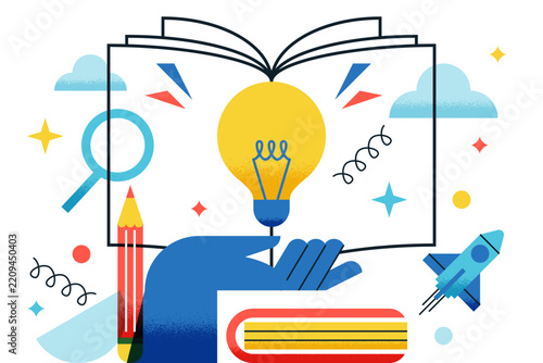 Vector geometric illustration of open book with light bulb and hand for creative education concept