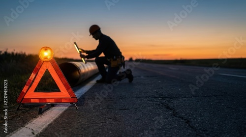 A lone figure with a flashlight inspects a large pipe next to a glowing red warning triangle on a dark road at dusk