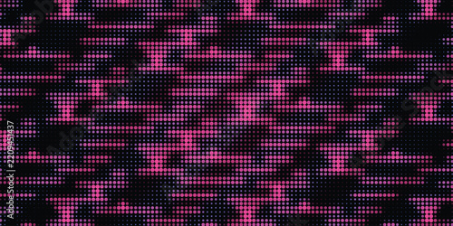 Pink and purple halftone dot pattern creates abstract glitch background.