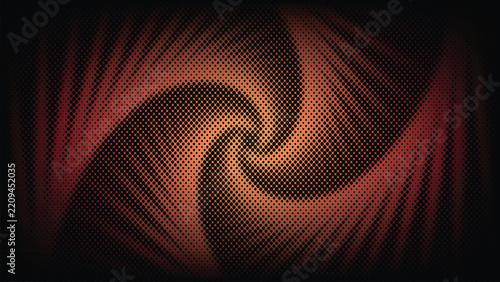 Orange and red halftone spiral pattern creates dynamic whirlpool effect.