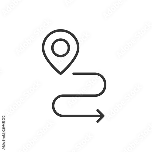 Location pin icon with a winding path arrow for navigation and travel design