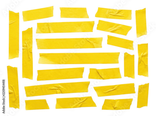 Large collection of yellow adhesive tape strips arranged neatly on transparent background