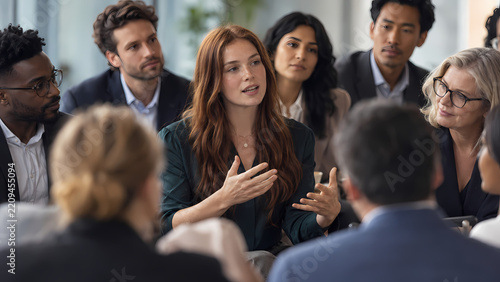 Young woman speaks confidently and gestures while sharing ideas with attentive colleagues during a diverse group discussion, collaborative workshop and professional team meeting in a modern workplace