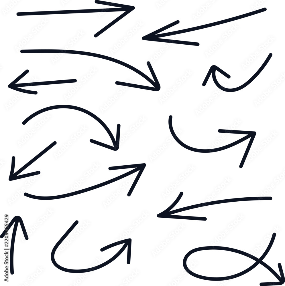 Fototapeta premium Set of black hand drawn arrows isolated on a white background for design and navigation
