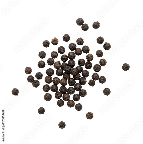 Top view of a scattered pile of dried black peppercorns isolated on a clean white background