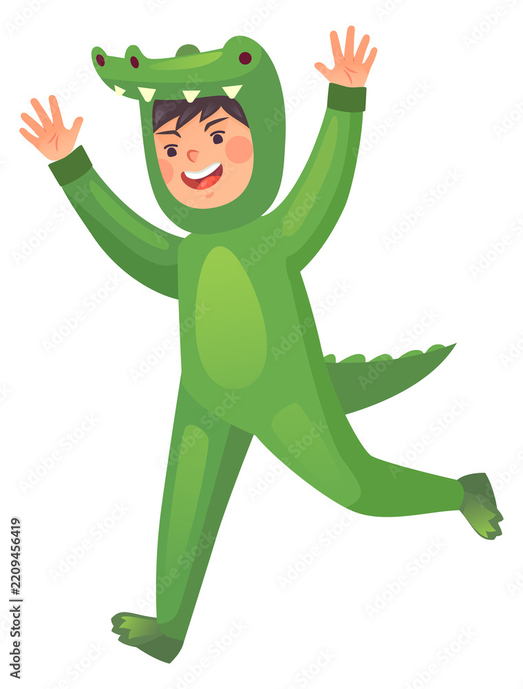 Obraz premium Boy running in dinosaur costume. Kid party character