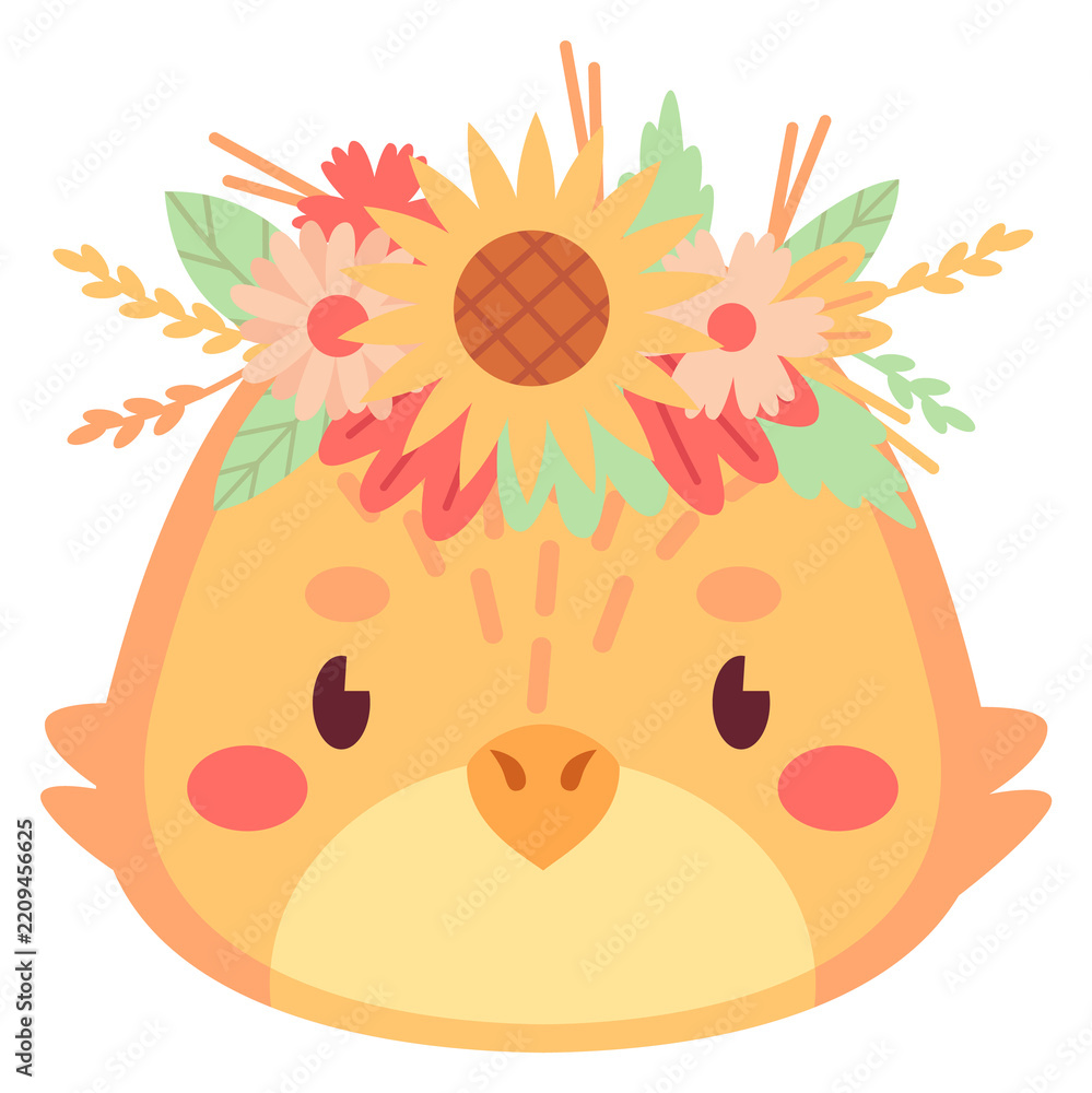 Obraz premium Spring chicken face. Baby bird in flower headdress
