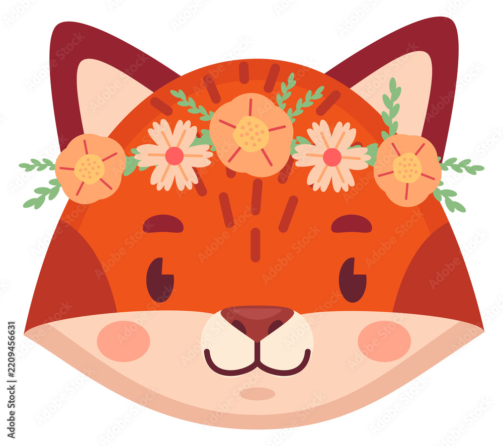 Obraz premium Cute fox in flowers. Spring forest animal avatar