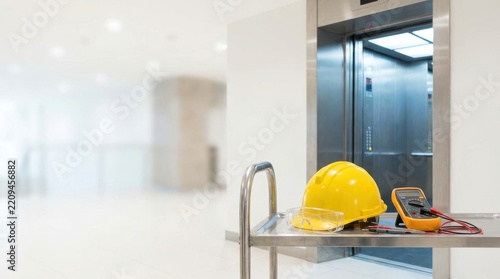 Yellow hard hat safety glasses and multimeter on a cart near an open elevator specialized tools