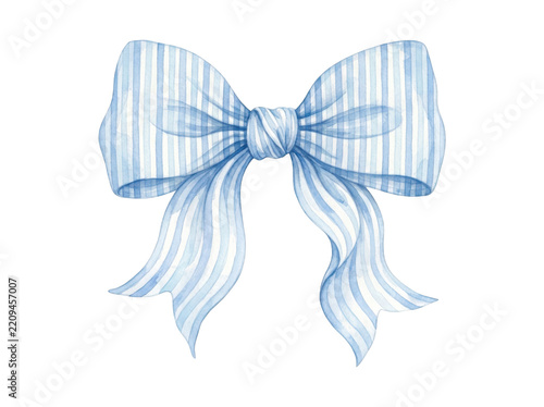 Blue striped watercolor ribbon bow isolated on transparent background