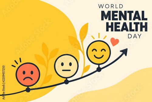 World Mental Health Day illustration showing emotional progress from sadness to happiness with a rising arrow and growth concept