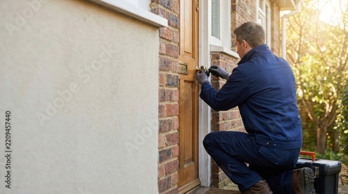 A man in a blue uniform and gloves works on a wooden door lock with a toolbox nearby