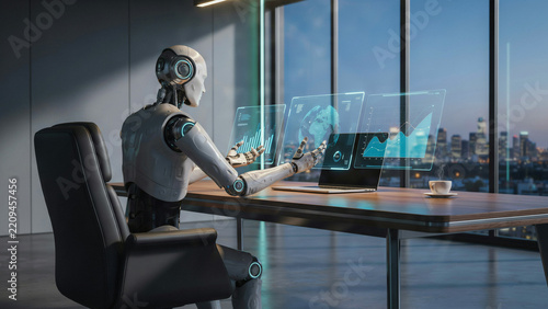 Humanoid robot sitting at a wooden desk analyzing financial data on holographic screens at night