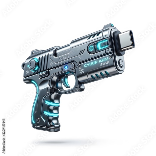 Futuristic cyberpunk USB flash drive shaped like a pistol with glowing blue lights and metallic silver finish isolated on white