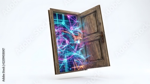 Wooden door opening to digital cyberspace portal with neon cybernetic grid and futuristic technology data