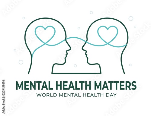 Mental Health Matters Concept Illustration for World Mental Health Day Featuring Two Connected Human Profiles with Heart Symbols