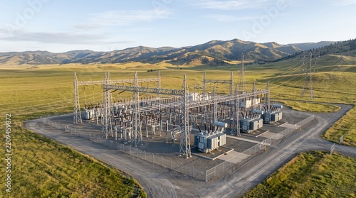 Obraz na plátně Electrical Grid Infrastructure with Power Transformers and Transmission Towers