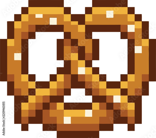 Pixel art style golden pretzel isolated on a plain white background