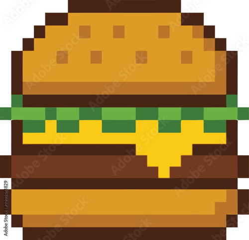 Pixel art illustration of a classic cheeseburger with layers of ingredients