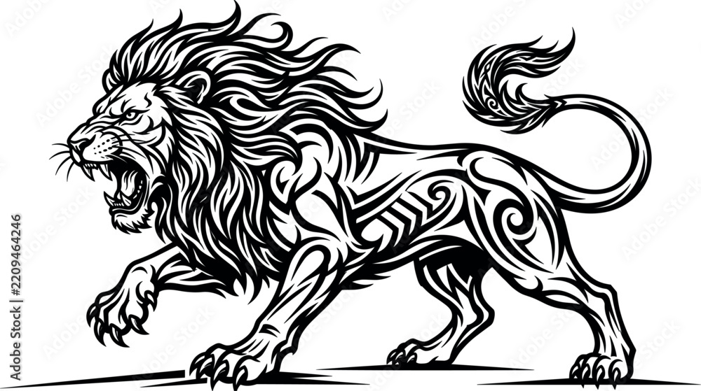 Obraz premium Powerful roaring lion vector mascot with tribal tattoo pattern details isolated on a clean white background graphic illustration