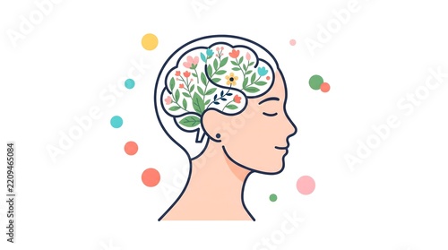 Conceptual Illustration of Human Head Profile with Blooming Flowers Inside Brain Representing Mental Health and Inner Peace Growth