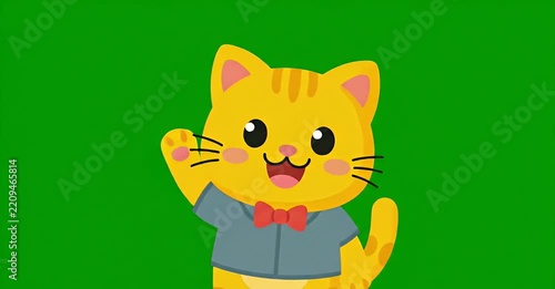 A cute cartoon yellow cat with orange stripes, wearing a blue shirt and red bow tie, waving with a happy expression on a green screen background.