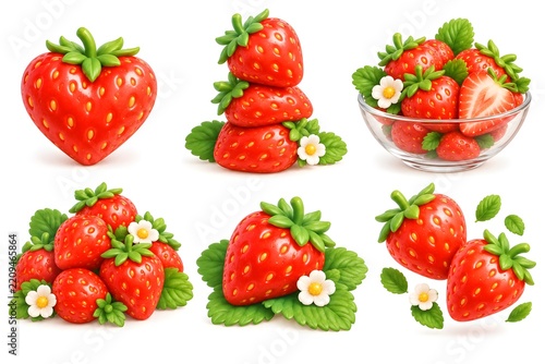 3D Strawberry Arrangements with Leaves, Flowers and Glass Bowl