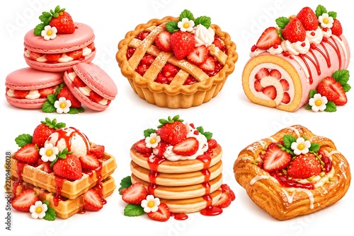 3D Strawberry Dessert Collection with Macarons, Pie and Pancakes
