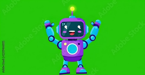 A cheerful purple and blue cartoon robot with a glowing antenna, flexing its arms on a vibrant green screen background.