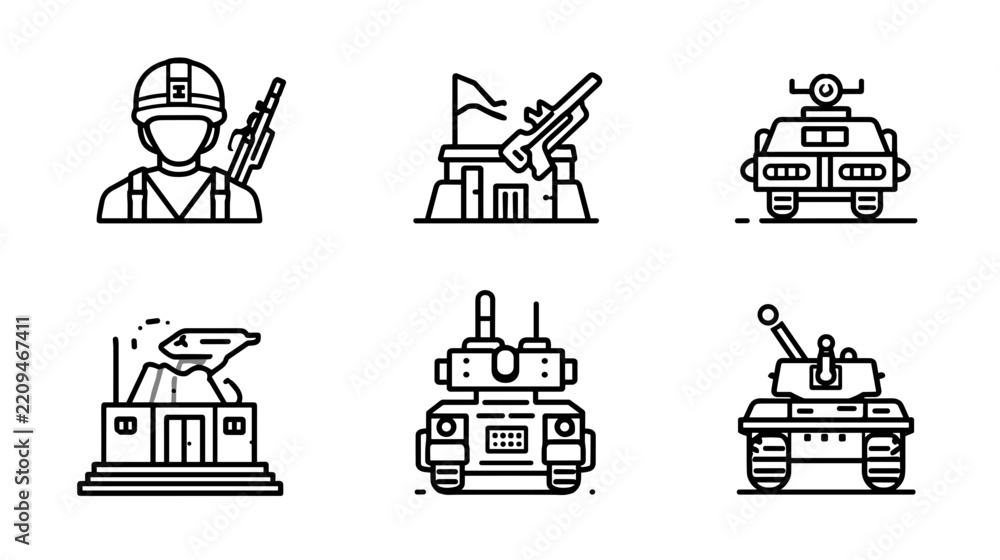 Fototapeta premium Collection of Military Icons Featuring Soldier Tank and Armored Vehicles in Line Art Style
