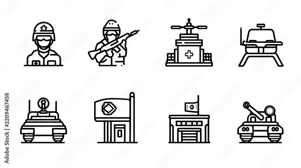 Fototapeta premium Collection of Military Icons including Soldiers, Vehicles and Bases in Monochrome Style
