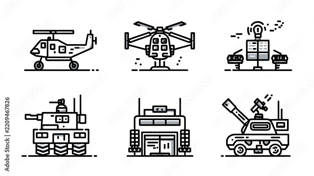 Fototapeta premium Collection of Military Vehicles Including Helicopter and Tank Icons in Simple Line Art Design