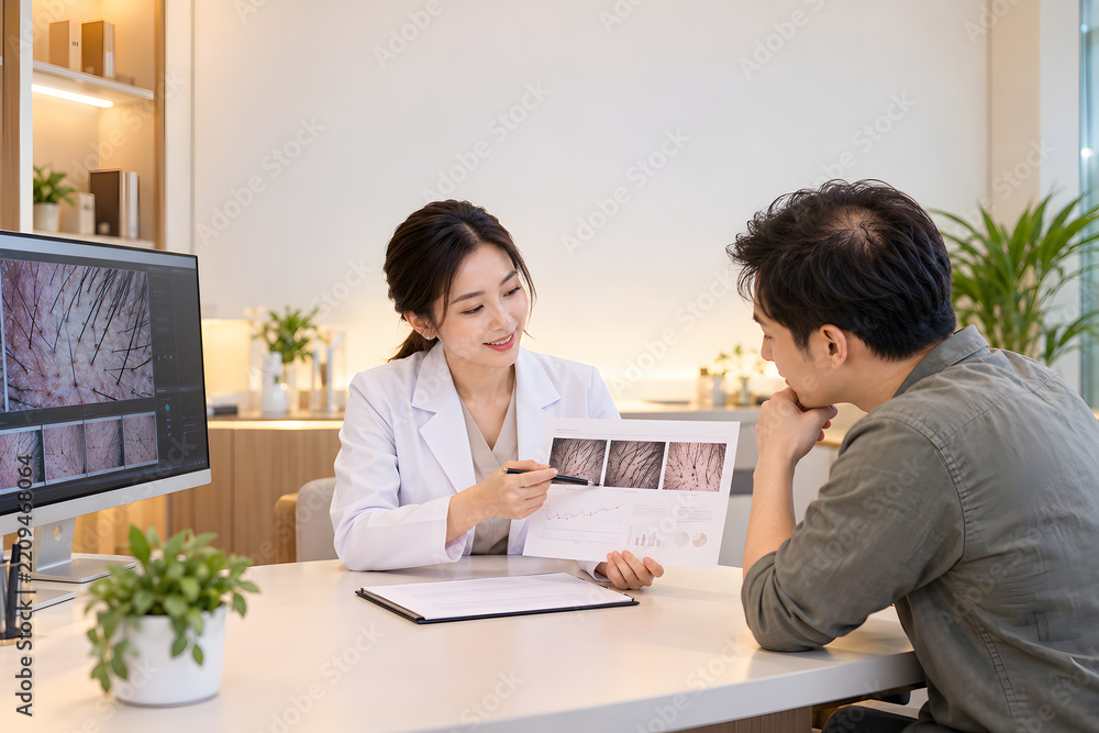 Fototapeta premium Smiling female dermatologist presenting a printed scalp report to a young male patient during consultation