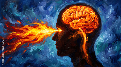 Creative illustration of human brain emitting bright fiery energy stream