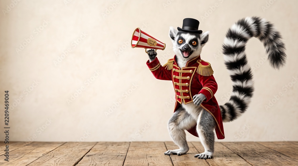 Obraz premium A cute ring-tailed lemur wearing a highly detailed red velvet ringmaster tailcoat, gold epaulets, and a top hat, holding a tiny megaphone, on a minimal cream background