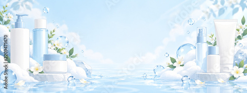 水と白い花を添えた敏感肌ケアイメージのイラスト