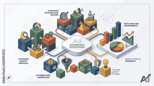 Isometric AI Marketing Ecosystem and Data Analytics Infographic