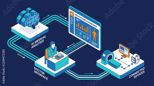 Isometric AI Healthcare Analysis and Medical System Infographic
