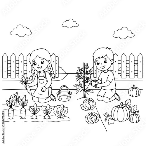Children harvesting vegetables in garden coloring page vector with vegetable gar