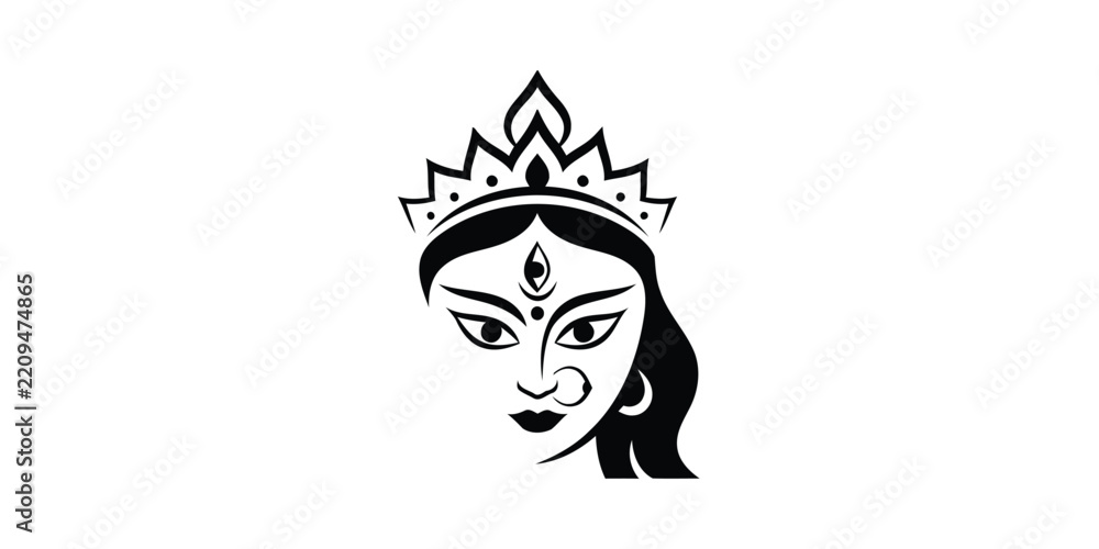 Fototapeta premium Black and white illustration of hindu goddess durga with crown and third eye isolated on white background