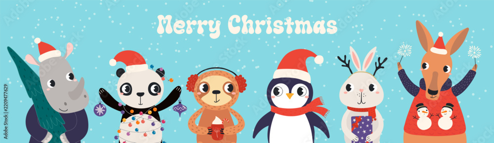 Obraz premium Cute animals in Santa Claus hats celebrating Christmas, with tree, gifts, ornaments, sparklers illustration. Cartoon characters. Holiday kids print, design elements for card, banner. Hand drawn vector