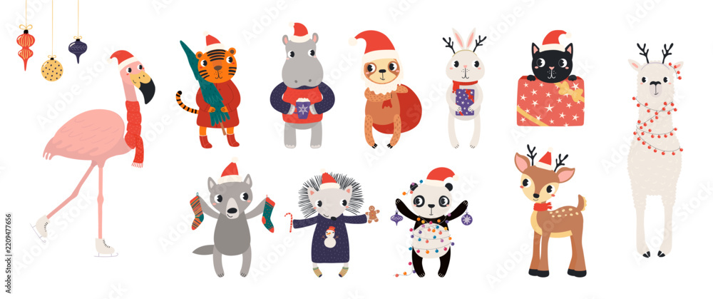 Obraz premium Cute animals in Santa Claus hats celebrating Christmas, with tree, gifts, ornaments, stockings illustration. Cartoon characters. Holiday kids print, design elements for card, banner. Hand drawn vector