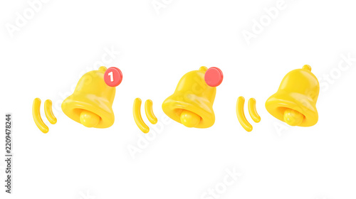 3D bell icon with golden alert notification for mobile apps and social media. Vibrant yellow render featuring attention-grabbing alarm symbol with push message indicator for web subscription reminders