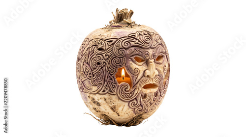 Carved turnip jack-o-lantern with intricate celtic patterns and glowing candle for traditional halloween