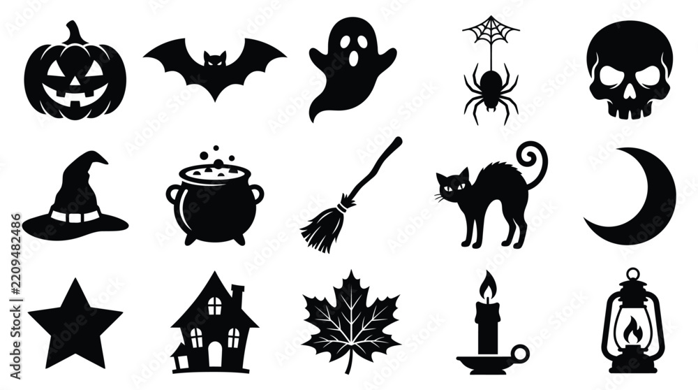 Fototapeta premium Halloween-themed black and white icons featuring Halloween Silhouette