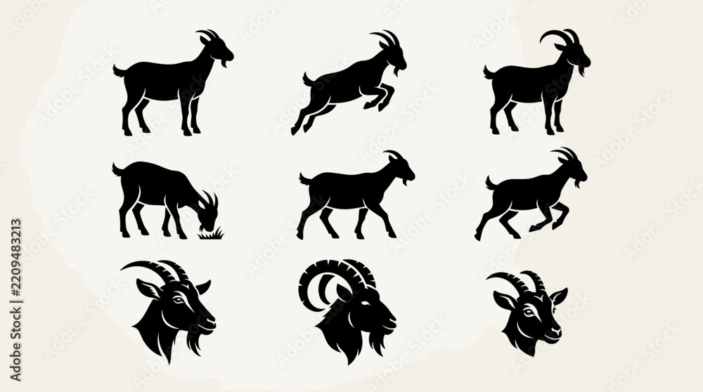 Obraz premium Goat silhouette icon set vector with standing walking and grazing poses design